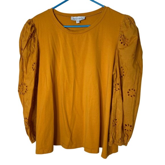 Jack and Avery Tops - Jack + Avery Mustard Yellow Puff Sleeve Eyelet Top Women’s Plus Size 1X Boho